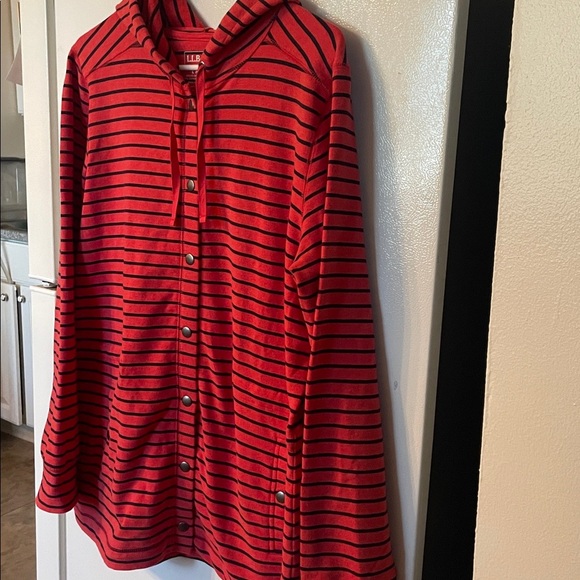L.L. Bean Misses Large Regular Cotton Red Striped Button Up Jacket Pockets - Picture 2 of 5